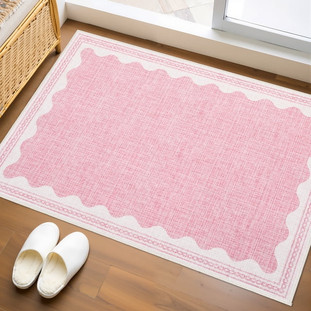 Nanan 2'x3' Scalloped Edge Area Rug, Machine Washable Low-Profile Woven Carpet, Non-Slip Soft Textured Rug for Living Room Bedroom Nursery Home Decor,Pink