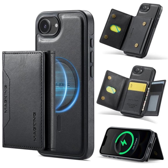 MAGKING Case For iPhone 17e / 16e, RFID Blocking, PU Leather,Compatible With MagSafe Detachable 2 In 1 Wallet With Multi-Card Slots,Magnetic Protective Cover,Black,For iPhone 17e / 16e