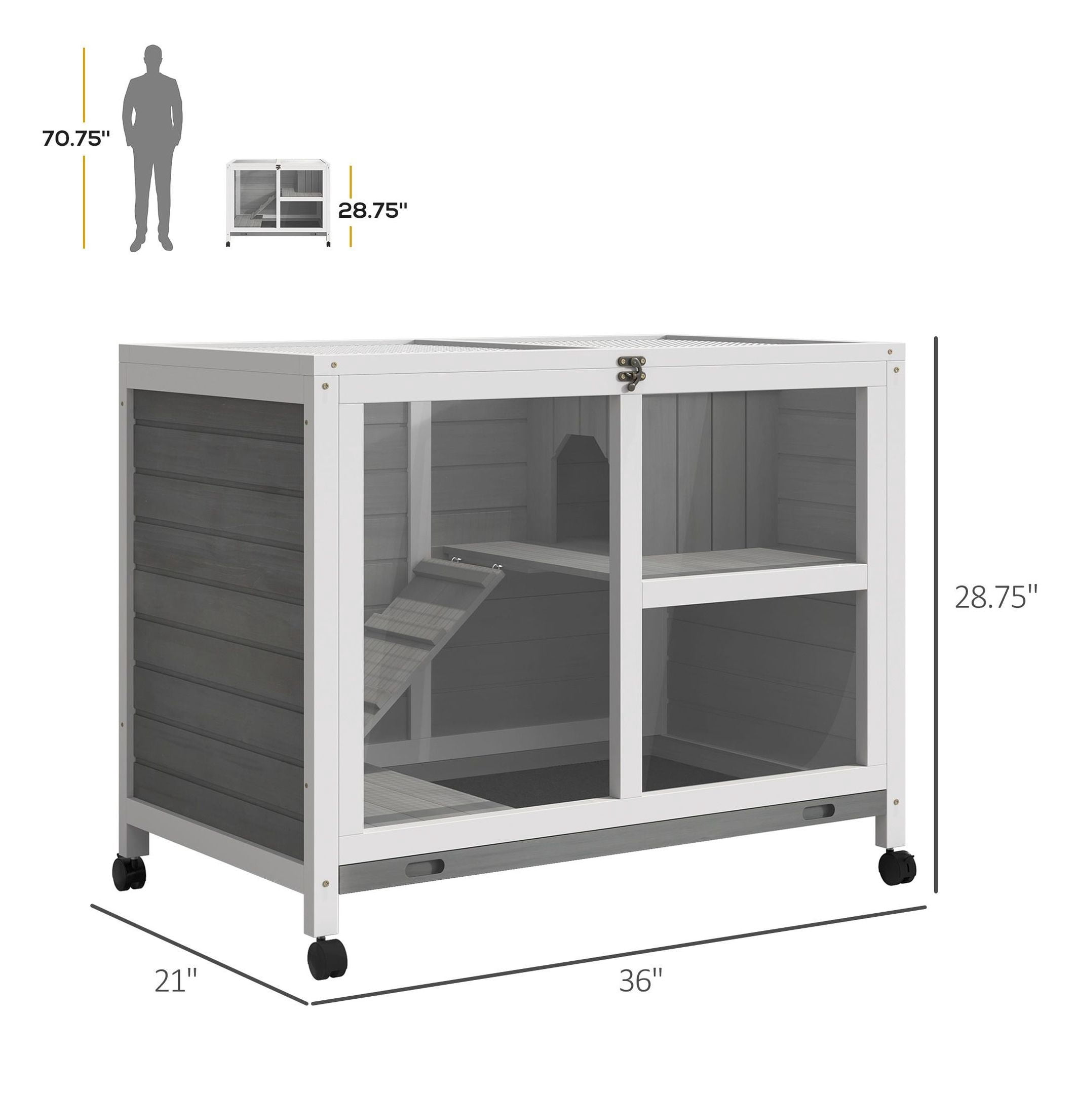 2-Story Bunny Hutch Indoor, Wooden Guinea Pig Cage with Wheels & Lockable Doors - Gray Rabbit Habitat for Small Pets
