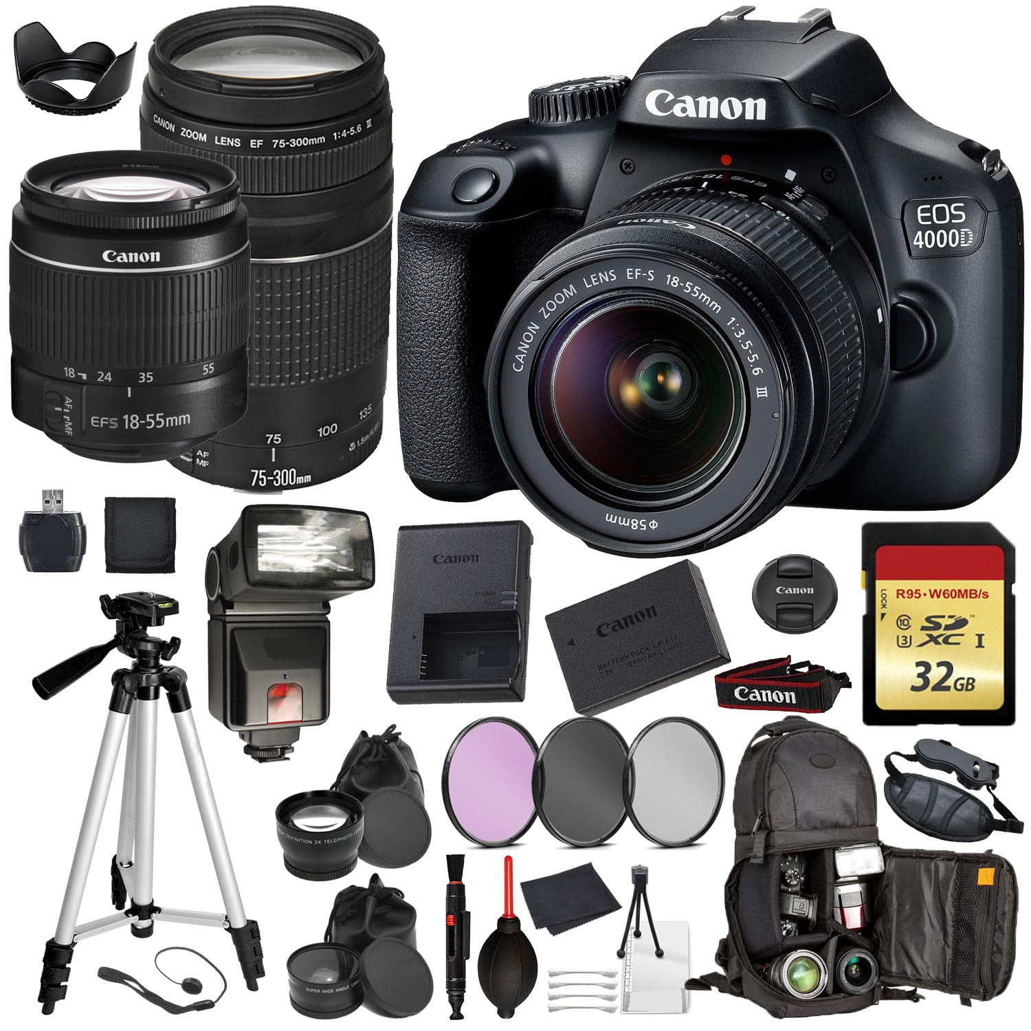 Canon EOS Rebel 4000D Digital SLR Camera with EF-S 18-55mm + EF 75-300mm (Black) Pro Accessory Bundle Package (International Model)
