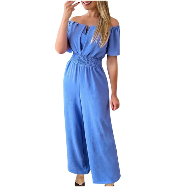 Birdeem Womens One Line Neck Waist Loose Straight Jumpsuit Versatile Pants