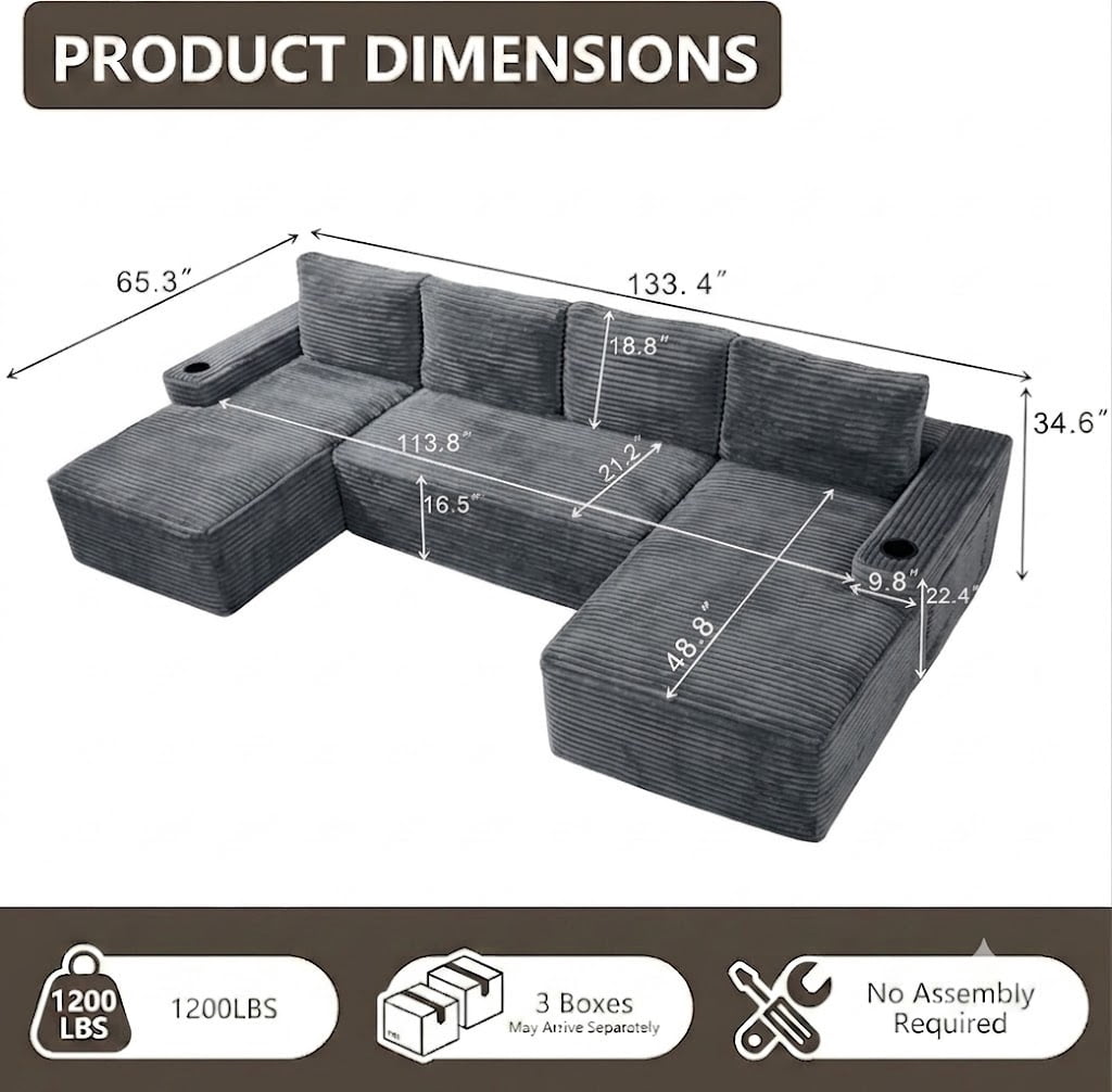 Howcool 133" U-Shaped Modular Cloud Couch Sectional Sofa, Oversized Deep Seat Corduroy Couch with Chaise, Boneless Memory Foam Sofa with Cup Holders & Side Pockets, No Assembly Required, Grey