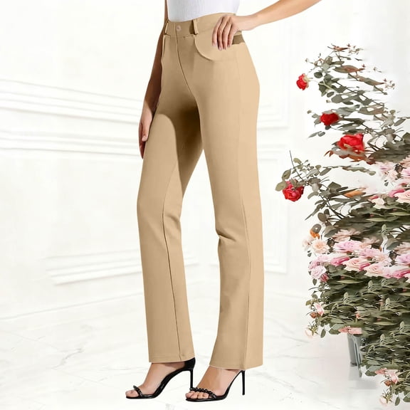 YueHuiYing Women's Solid Color Elastic Waist Office Straight-Leg Button-Front Casual Stretch Pants