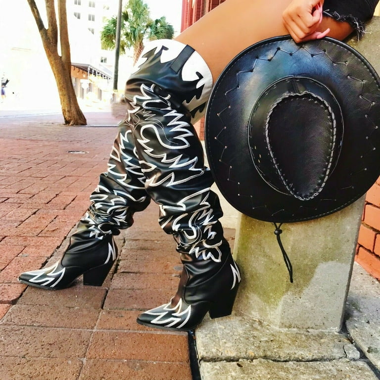 Cape Robbin Kelsey 21 Black White Thigh High Over Knee Cowgirl Boots Black White Stitch 10 Women s