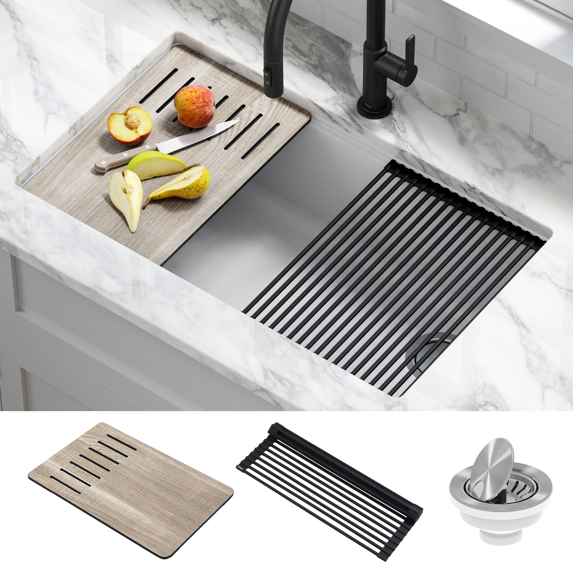 KRAUS Bellucci Workstation 33 inch Undermount Granite Composite Single Bowl Kitchen Sink in White with Accessories - image 2 of 21