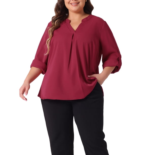Blusa de Chiffon de Talla Grande para Mujeres GRACE & GRANDEUR, Cuello en V, Manga Larga Arremangada, Camisas con Espalda Plisada, Blusas Casuales Talla 3X Burdeos