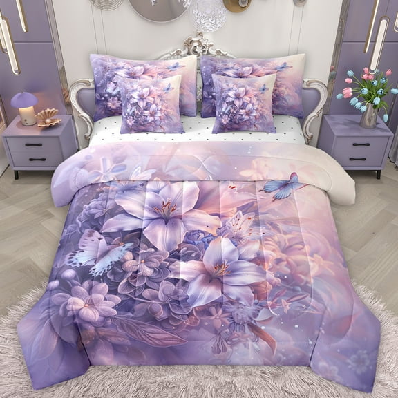 Manfei Purple Lily Flower Twin Bedding Sets 7-Piece for Women, Kawaii Butterfly Animal Bedding Comforter Set, Western French Style Reversible Sheet Sets, Luxury Bedroom Decor