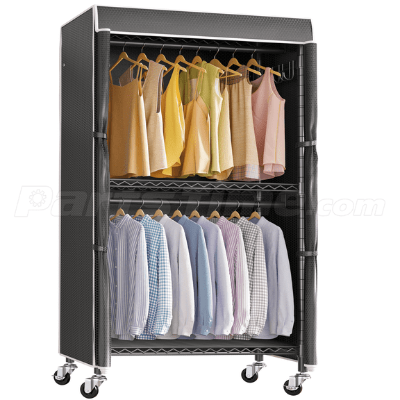 VIPEK R2C Medium Heavy Duty Clothes Rack Rolling Garment Rack with Cover Adjustable Clothing Rack for Hanging Clothes Portable Closets with Double Rods, Black Rack with Black Upgraded Polyester Cover