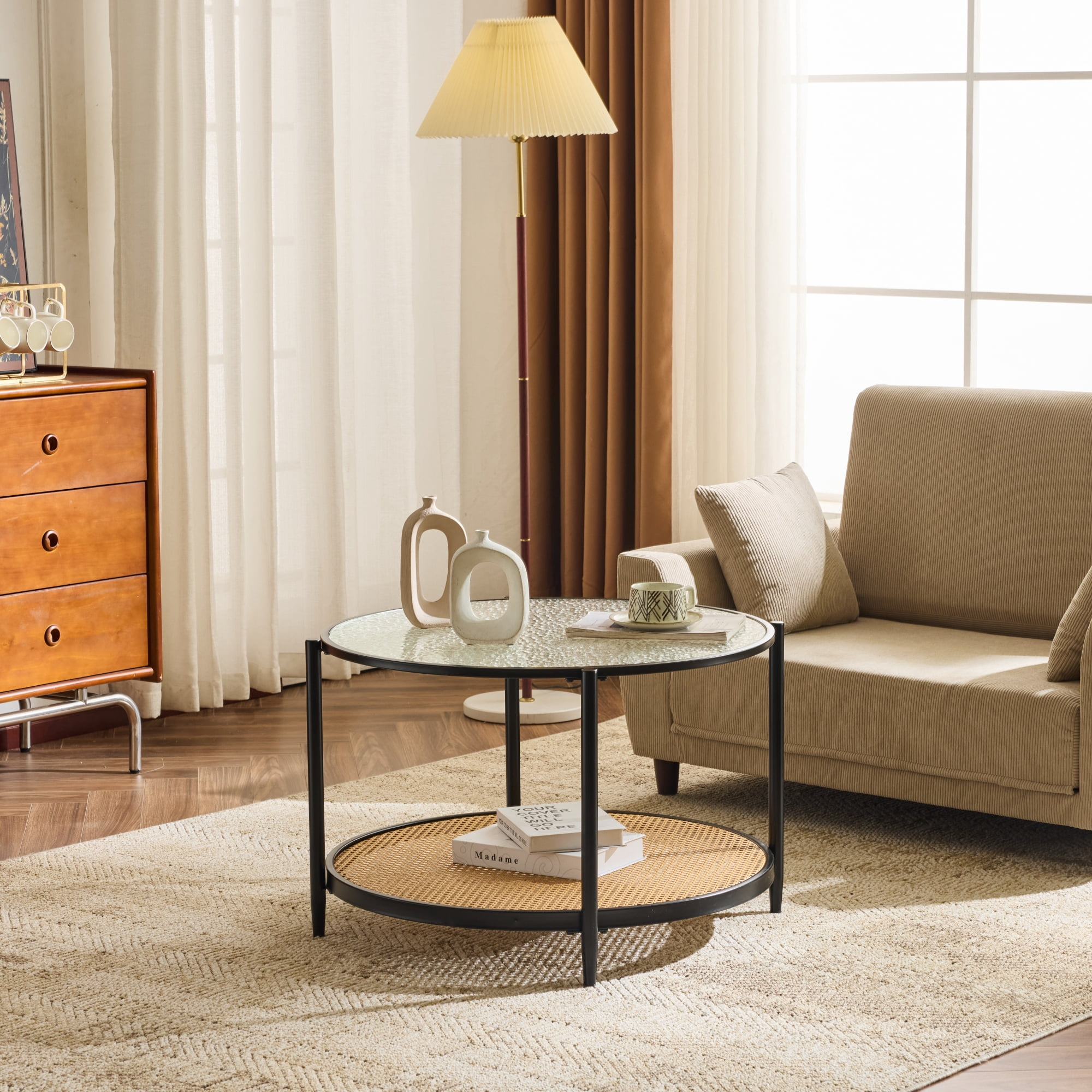 Ktaxon Accent Coffee Table, Round Glass Modern Center Table with Rattan Tier, 30.7" Rustic TV Cabinet for Living Room, Black
