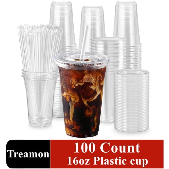 Treamon Clear Plastic Cups with Lids and Straws, Disposable Party Iced Coffee Cups, 16 oz, 100 Count