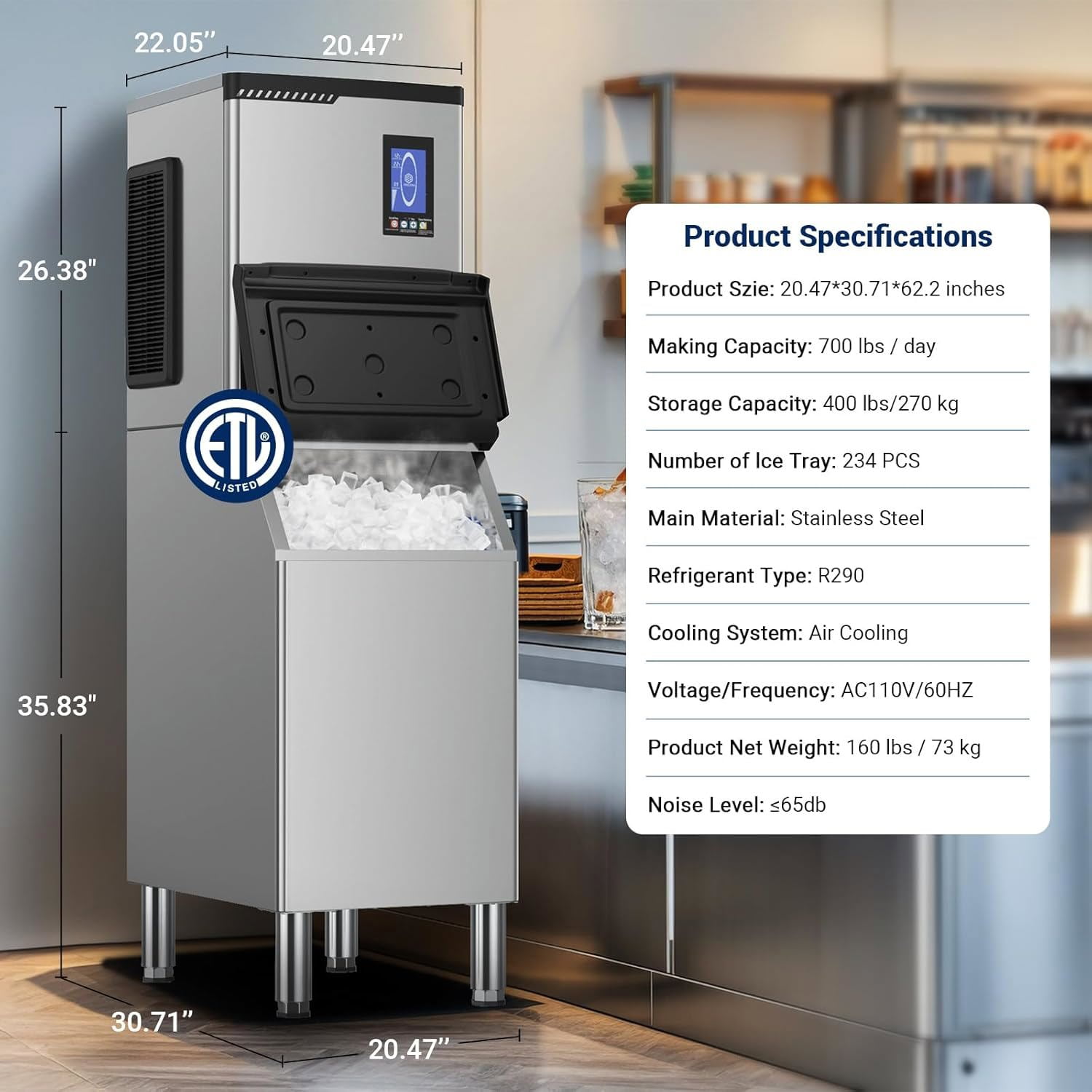Joreek Commercial Ice Maker Machine, 700 LBS/24h Ice Machine with Large 400 LBS Storage Bin, 234 Ice Ready in 8-12 Min, Self-Cleaning Commercial Ice Maker for Bar, Restaurant, Cafe