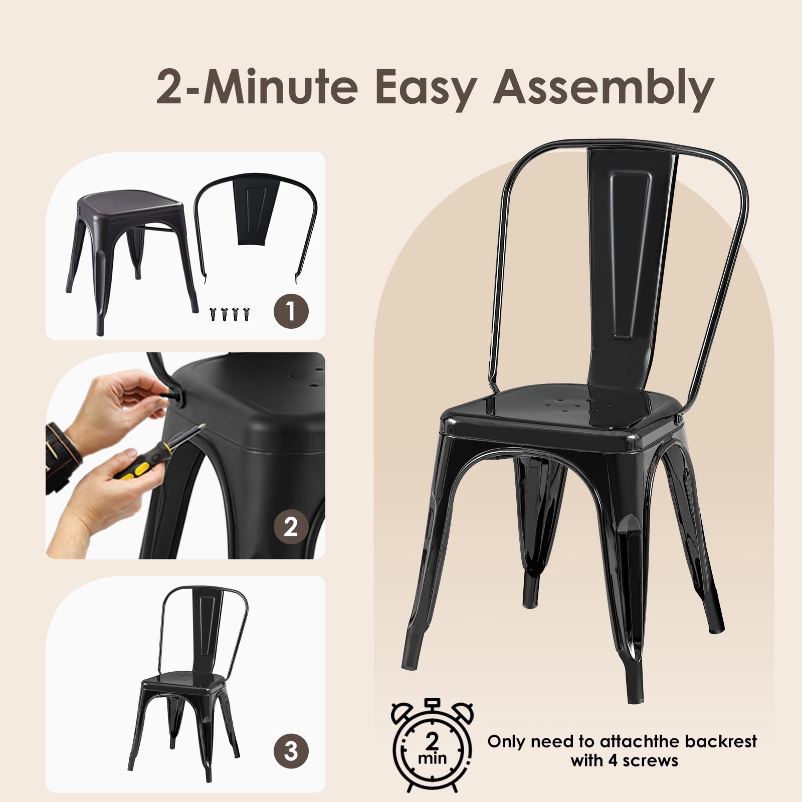 Rivbuio Heavy Duty Metal Dining Chairs Set of 2, Stackable Tolix Style with X-Brace, Commercial Bistro Chair for Restaurant/Kitchen/Patio - Gloss Black