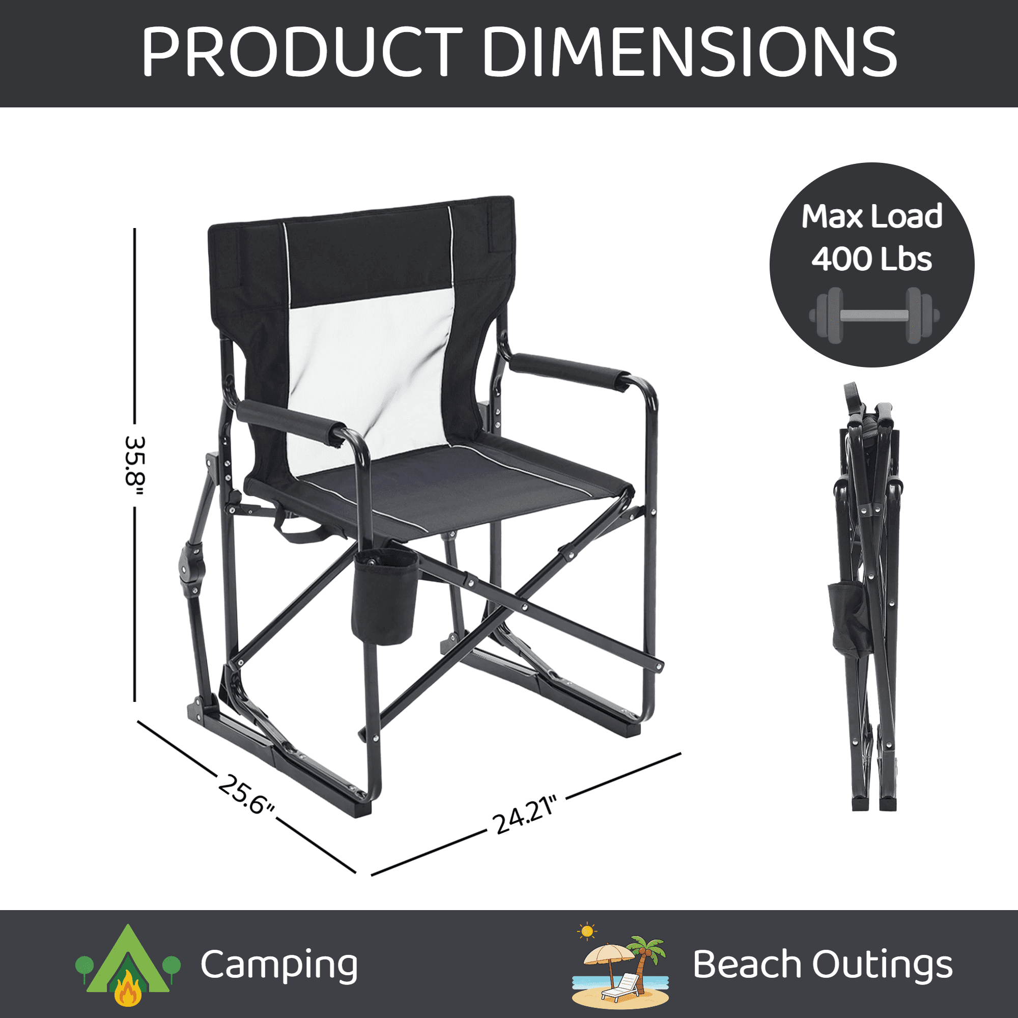Blazezo Portable Folding Rocking Camping Chair, Outdoor Rocker with Drink Holder, Heavy Duty 400 lb Capacity, Breathable Mesh, for Lawn Patio