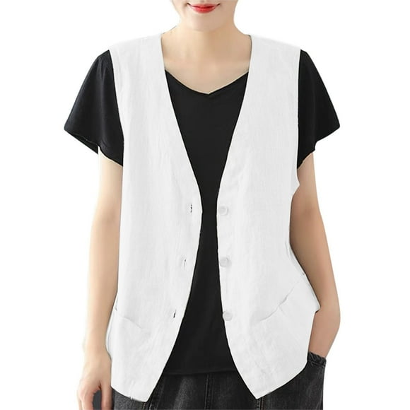 Women'S Linen Vest Casual Sleeveless Cardigans Jacket Loose And Thin Casual Vest Top Women'S Outerwear Vests White Xxxl