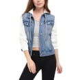 thumbnail image 1 of Unique Bargains Women's Layered Drawstring Hood Denim Jacket with Pockets, 1 of 5