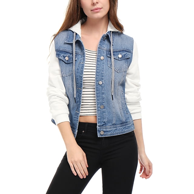 Unique Bargains Women's Layered Drawstring Hood Denim Jacket with Pockets