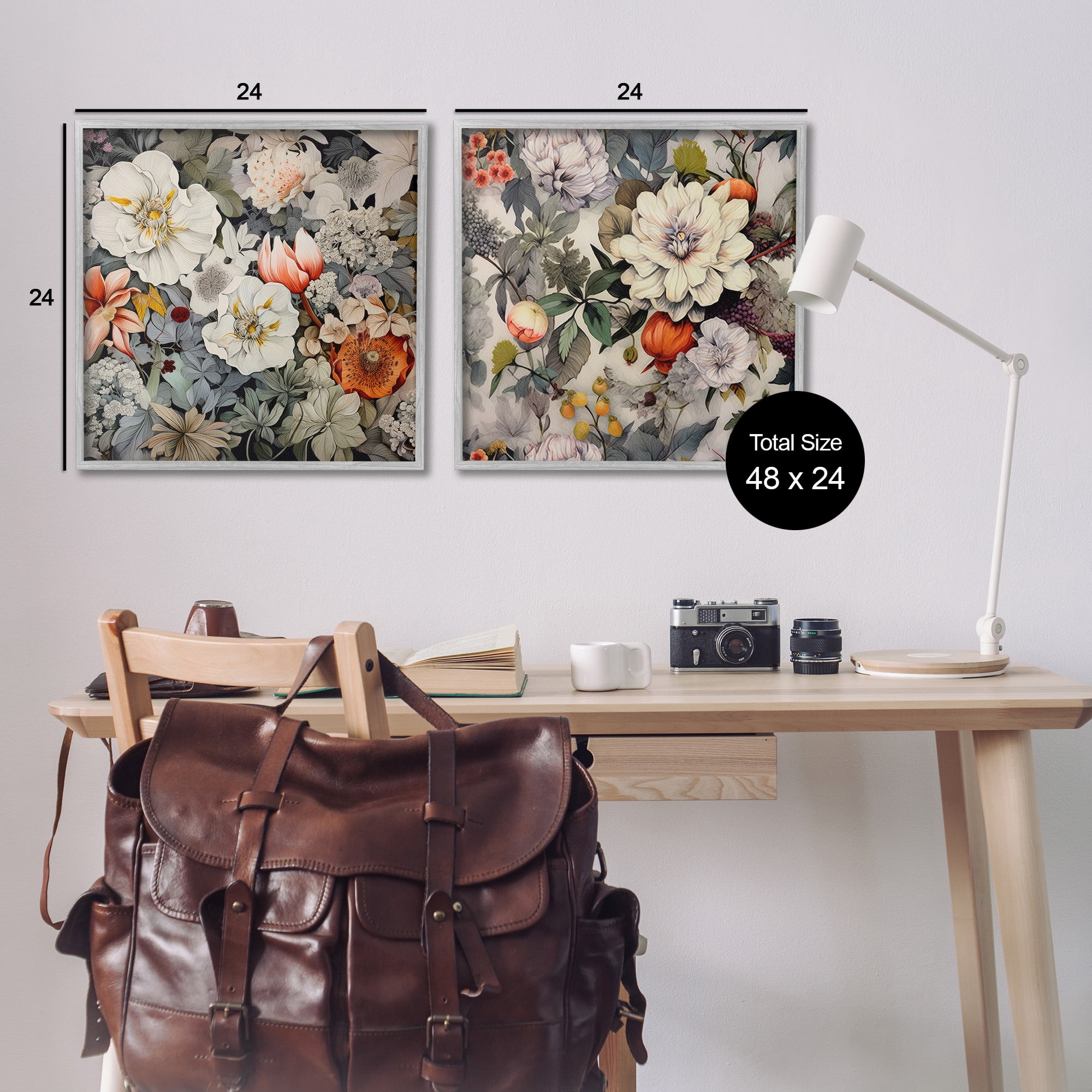 Stupell Industries Vintage Blooms Arrangement Botanical & Floral Painting Gray Framed Art Print Wall Art, 24 x 24, Set of 2