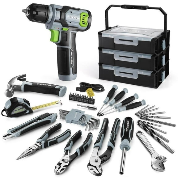 WORKPRO 43PCS Cordless Lithium-ion Drill Driver and Toolbox, 8V 2.0 Ah Power Drill Set with Household Hand Tool Kit, Battery Powered Screwdriver with Stackable Tool Box, Home Tool Set for Repair, DIY