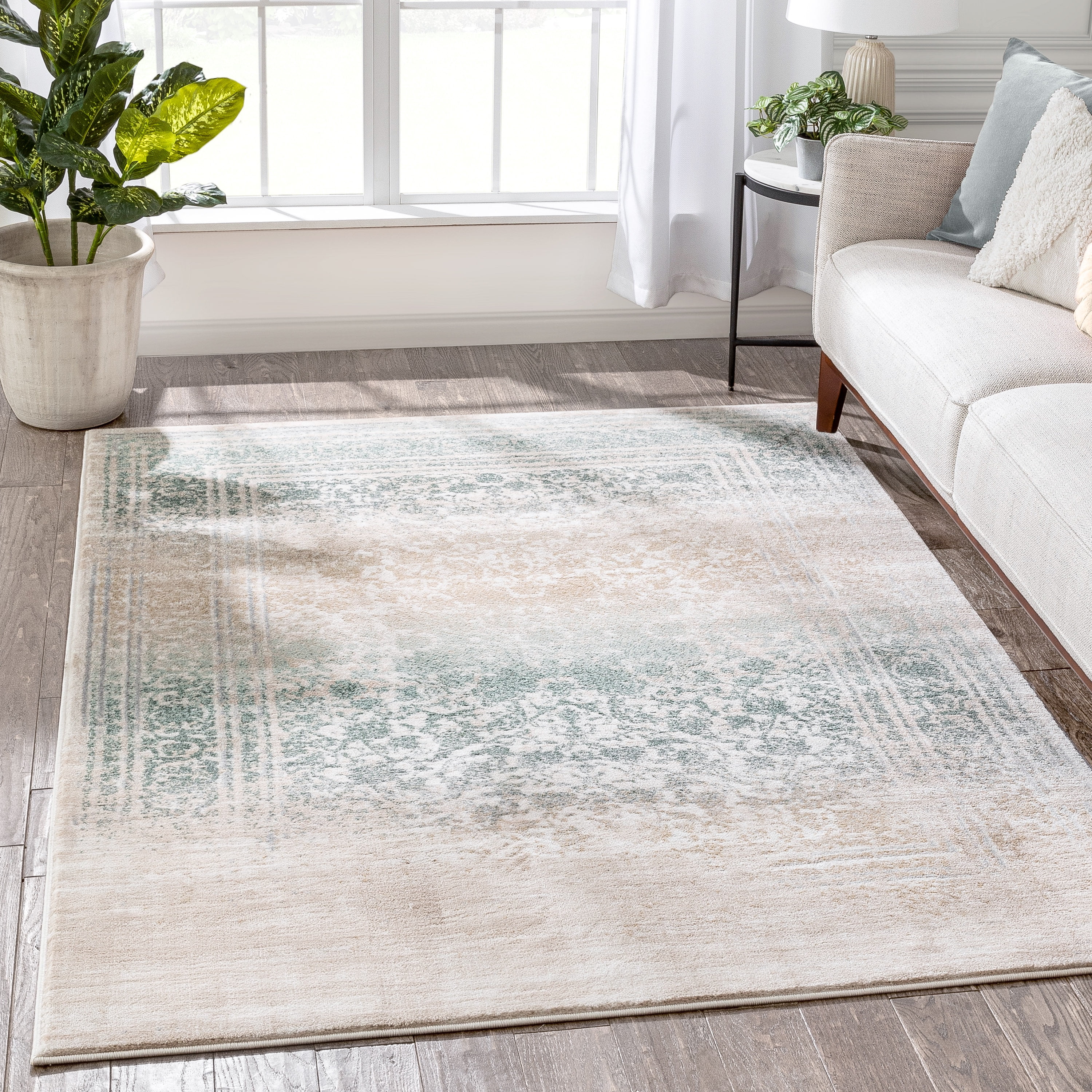 Low Pile Vintage Rug for Living Room Antiqued Effect Rugs Easy Care Area Rugs UK