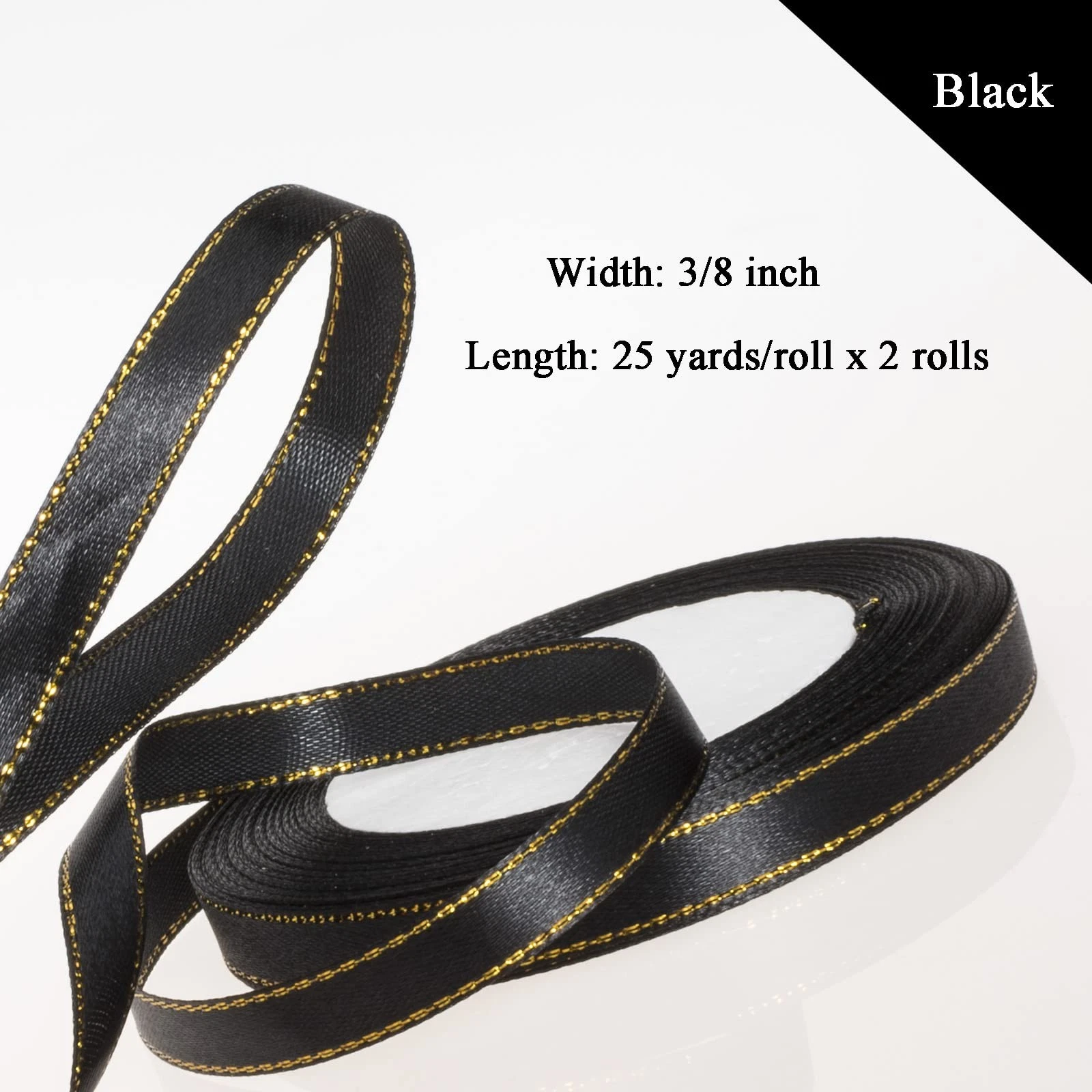 50 Yds 3/8 Black Satin Ribbon, Gold Edges, Border, Gift Wrapping, Crafts