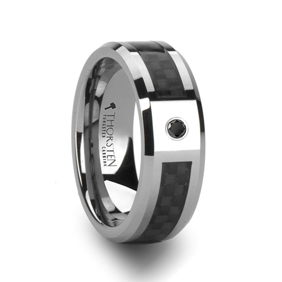Bentley Tungsten Wedding Band With Black Carbon Fiber And Black Diamond Setting