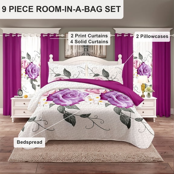 9 Piece Soft All-Season Washed Microfiber Cover Set , Queen/King/Calking Bedding Set With Pillowcases,Bedspread Print Curtains & Solid Curtains,Print, Moisture-Wicking,  Soft ,Cooling,  Easy Care