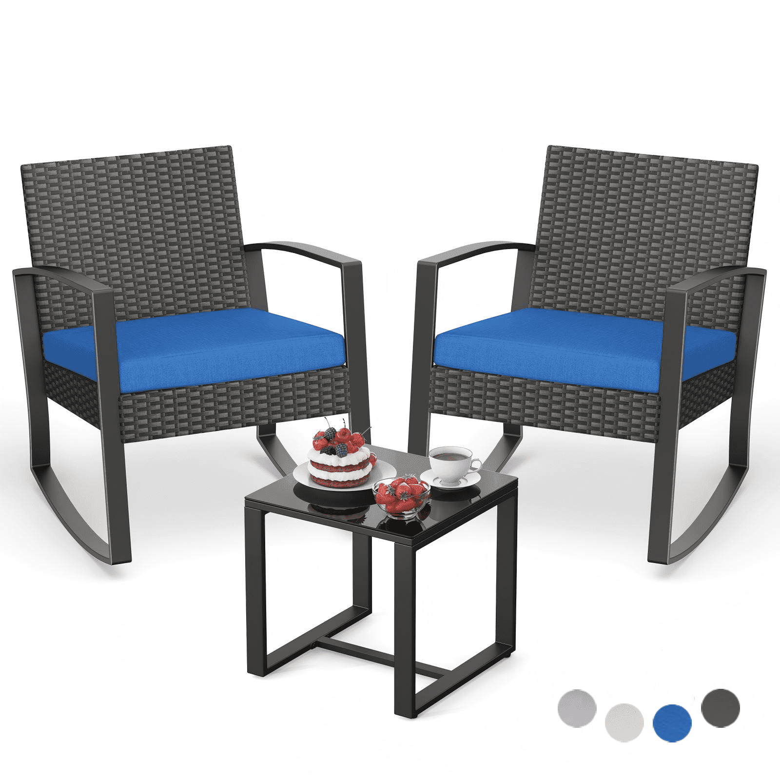 Lofka 3 Pieces Patio Bistro Chairs Set Outdoor Patio Furniture Sets with a Coffee Table, for Patio, Garden and Bistro, Blue Cushion