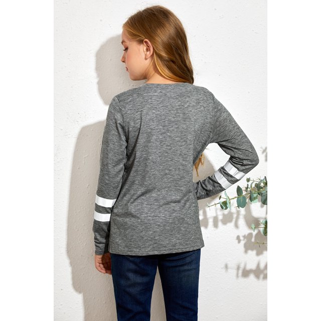 ABPHQTO Top de manga larga para mujer con cuello redondo gris a rayas y bloque de color para mujer