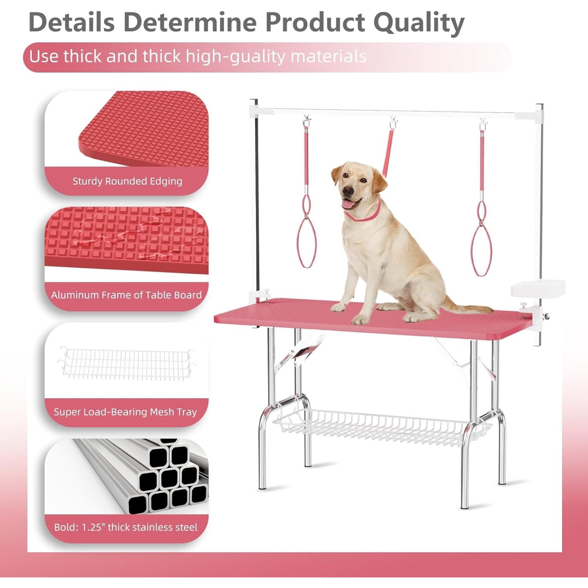 Leumius 47Inch Pink Pet Grooming Table, Stainless Steel Foldable Grooming Table for Dogs at Home Adjustable Height Arms Pet Station with Nooses, Mesh Tray, Tool Organizer