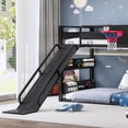 thumbnail image 5 of Twin XL size metal loft/bunk bed with basketball hoop, pull-up rings, climbing wall, and built-in bookshelves. Playful childlike  design featuring a slide,Black., 5 of 22