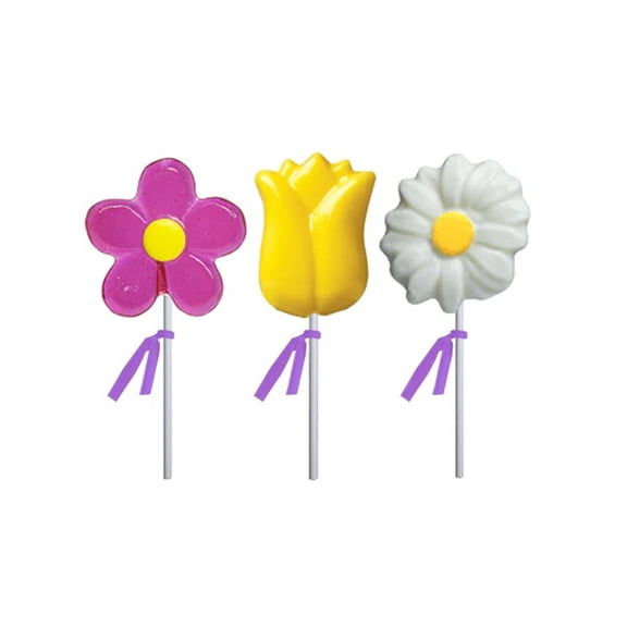 Melville Candy Easter Spring Daisy Lollipops Assorted Flower Shapes Embedded Yellow Sugar Center 3 Count