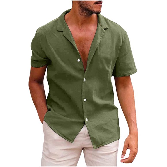 Meichang Mens Hawaiian Shirts Turndown Cotton Lined T Shirts Classic Solid Color Short Sleeve Beach Hippie T-Shirt Casual Button Down Beach Shirts Army Green S