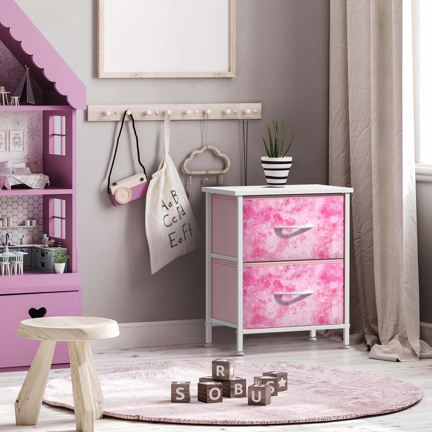 Sorbus Nightstand with 2 Drawers, Steel Frame, Wood Top, Fabric Bins, Tie-Dye Pink