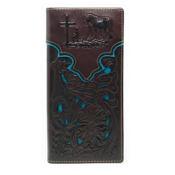 Western Genuine Leather Praying Cowboy Tooled Laser Cut Men's Long Bifold Wallet in 10 colors