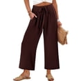 thumbnail image 4 of Nhthy Women's Summer High Waist Tie Waist Long Pants, Solid Loose Fit Wide Leg Capri Trousers with Pockets Brown XL, 4 of 9