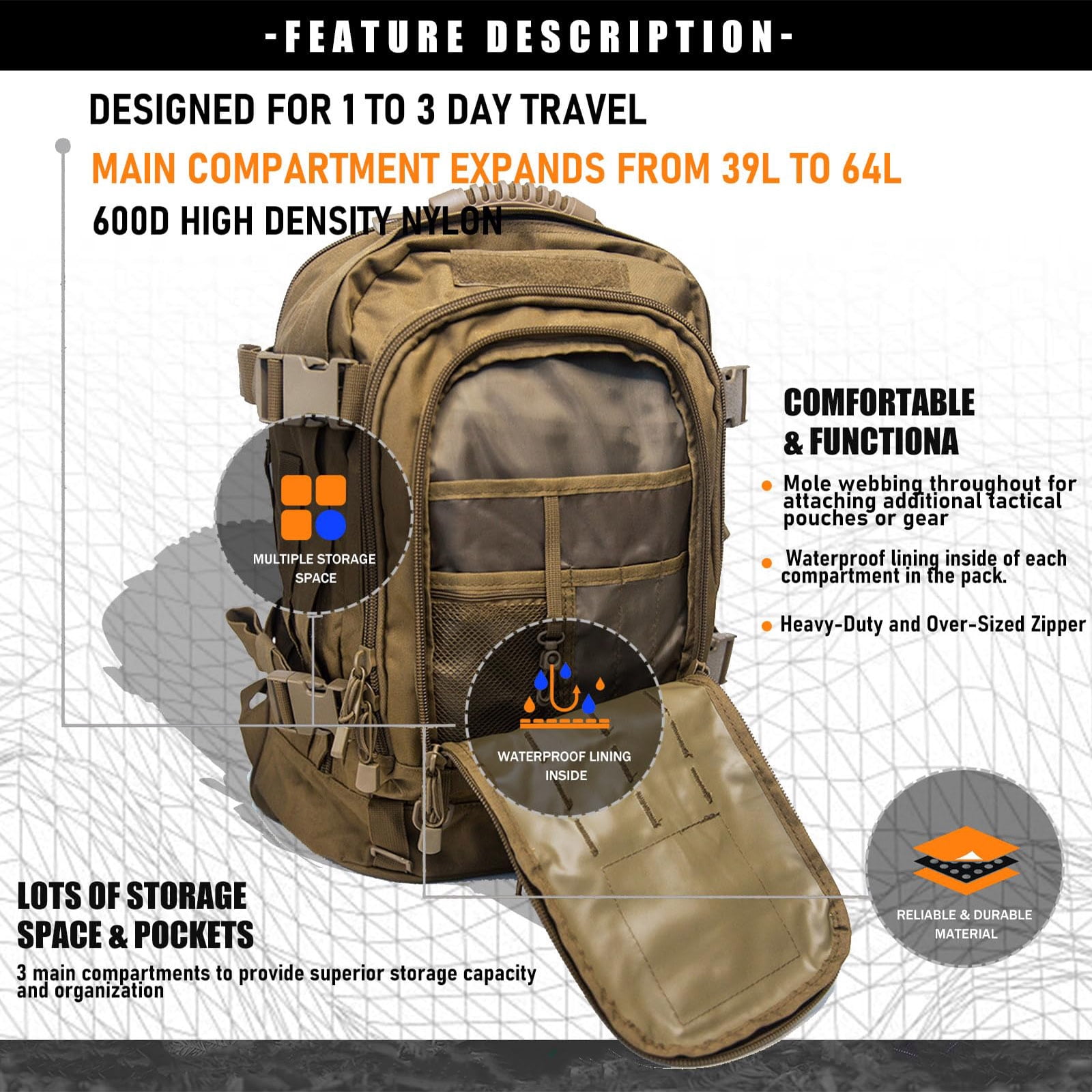 WolfWarriorX Water-Resistant 40 L Backpacking Backpacks, Beige