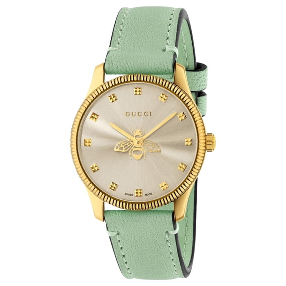 Gucci G-Timeless Yellow Gold PVD Silver Dial Green Leather Strap Quartz Womens Watch YA1265040