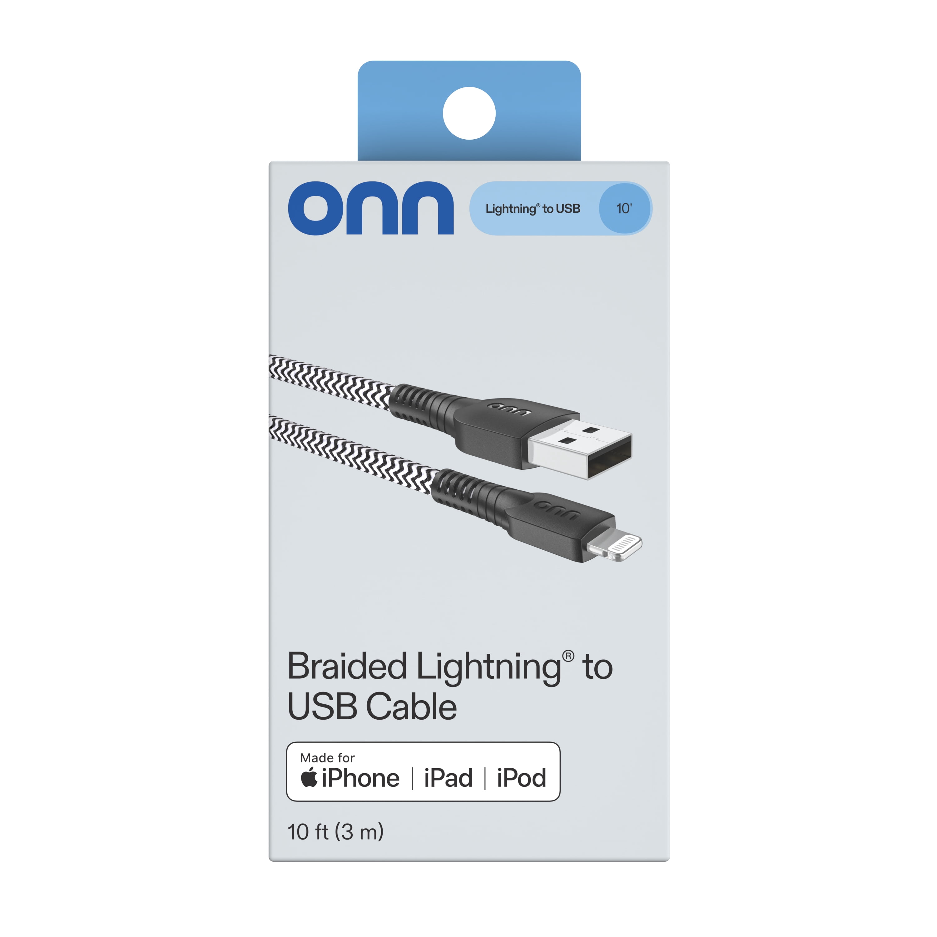 onn 10ft Lightning to USB-A Braided Charging Cable, MFI certified, Black - Compatible with iPhone 14/13/12/11/X/XR/XS/8/7/6/5, iPad, Airpods and more