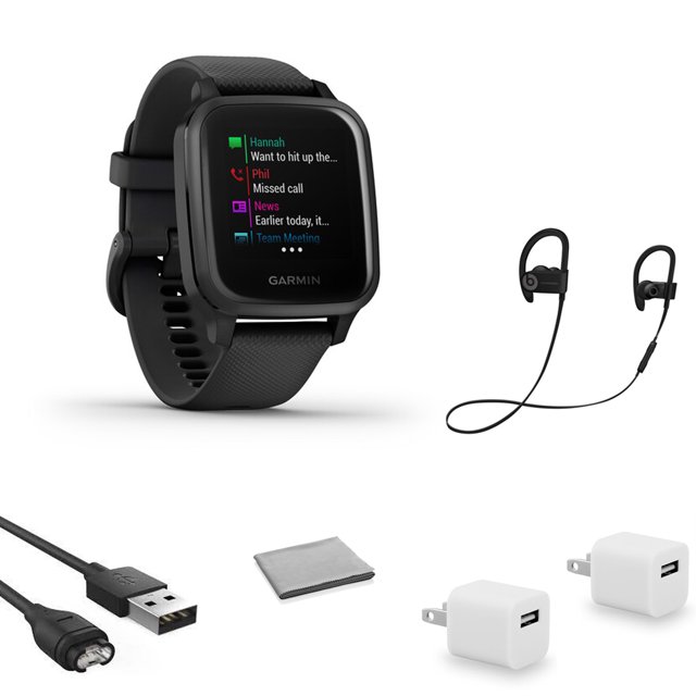 Garmin Reloj Venu Square (Bisel de Aluminio Color Pizarra y Correa de Silicona) con Auriculares Negros