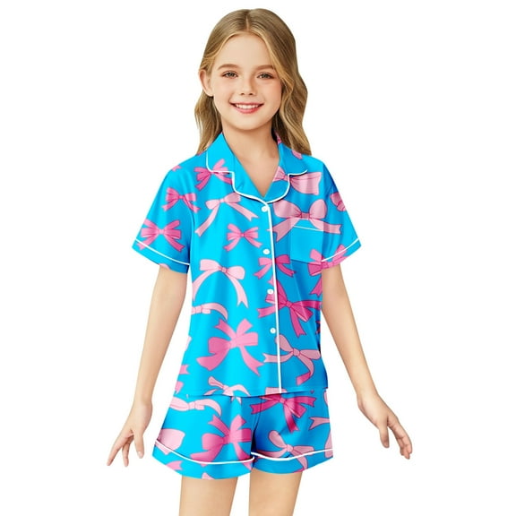 Tween Silk Pajamas Girls Boys Bowknot Printed 2 Piece Set Short Sleeve Button-Down Top Shorts Set Summer Fall Pajamas Pajamas for Girls 10-11 Years