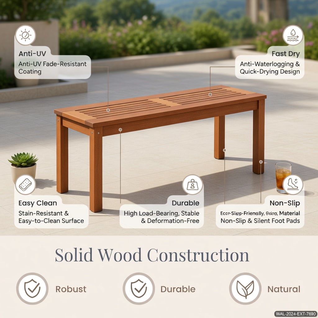 Hommoo 2-Person Solid Wood Outdoor Patio Bench, Backless Slatted Dining Bench for Porch, Garden & Backyard, Rustic Breathable Seating, Natural