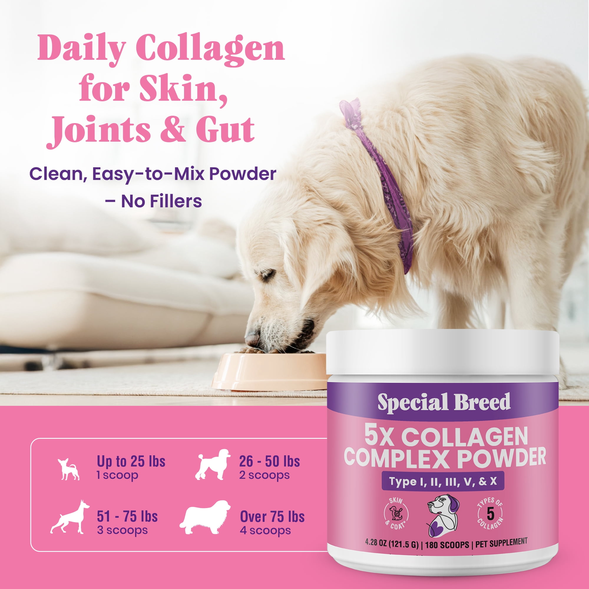 Premium 5X Collagen Powder for Dogs - Types I, II, III, V & X - Skin, Join, Gut & Coat Support - Collagen Powder with Bamboo & Vitamin C, 180 Scoops 4.28 oz