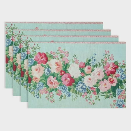 

Pratyus 4pcs Floral Print Linen Table Decor Placemat Set - Ideal for Birthday Parties Christmas Restaurants and Home Decoration 18x12in