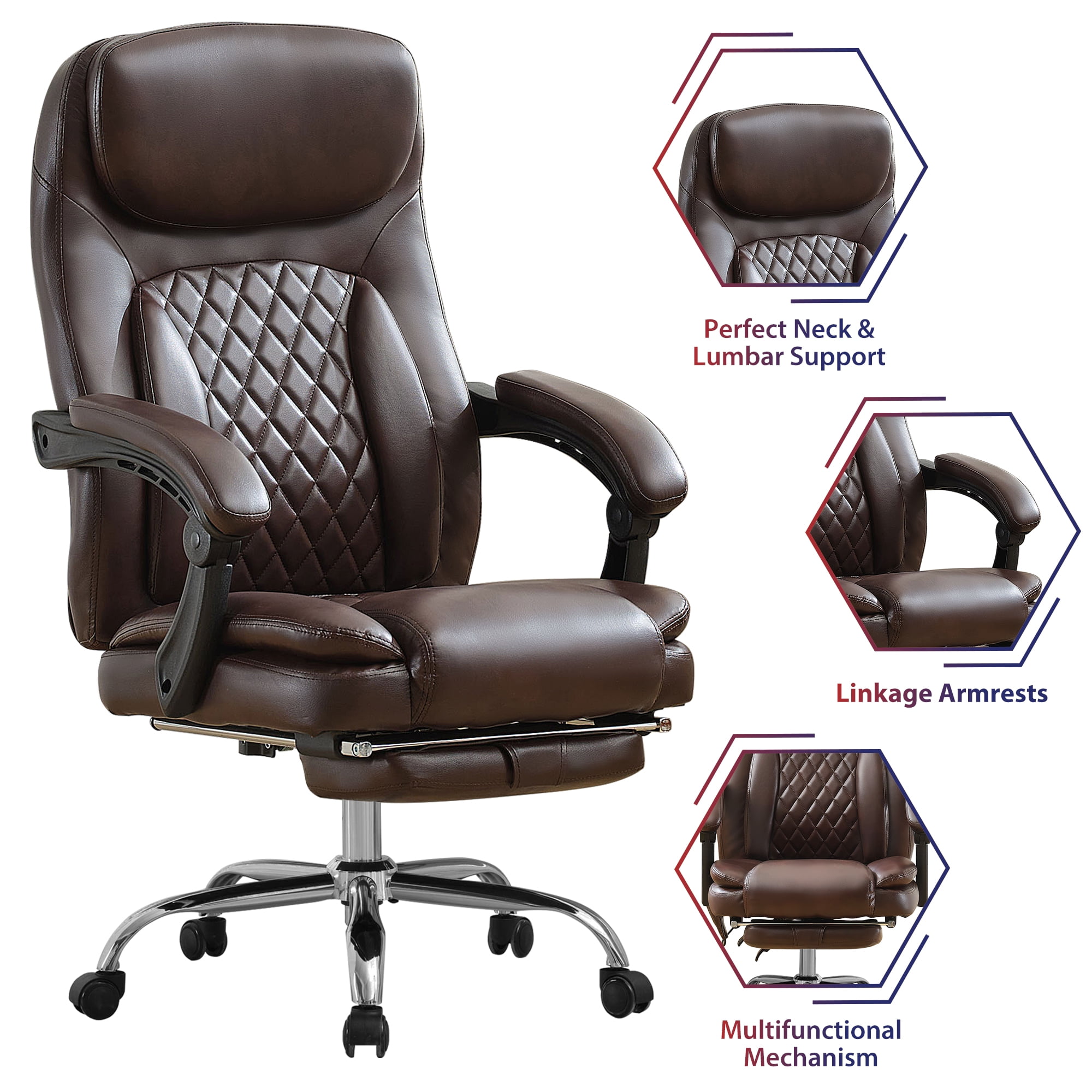 JONPONY Big and Tall Office Chair 500LBS Executive Office Chair Massage and Footrest Ergonomic Computer Desk Chair Reclining High Back Leather Office Chair Lumbar Back Support Swivel Rolling,Brown