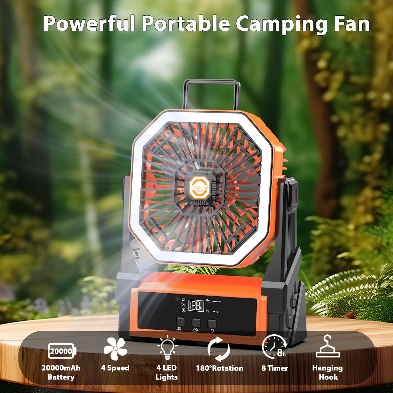 Portable Fan Rechargeable,20000mAh Cordless Battery Powered Fan with LED Lantern,180Rotation With remote control,USB C Battery Operated for Travel Camping Tent Office Beach Fishing Outdoor,ORANGE