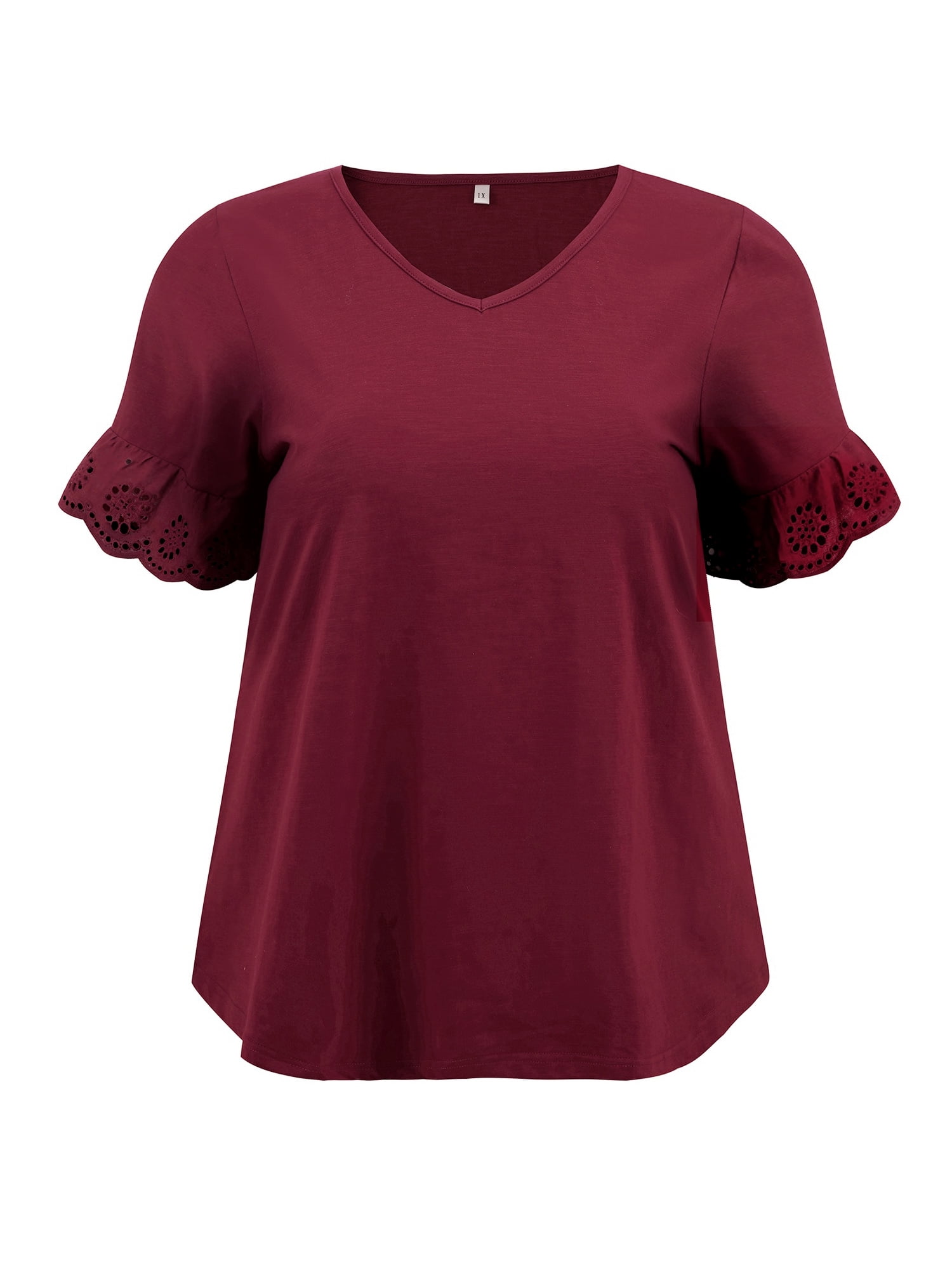 DARING DIVA Women's Plus Eyelet Embroidered Short Sleeve Blouse 1X Burgundy
