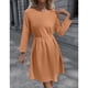 thumbnail image 3 of Vestido de manga larga con cuello redondo Fibra de poliéster Cintura alta con cinturón Vestido midi de color puro para boda Naranja XL, 3 of 7