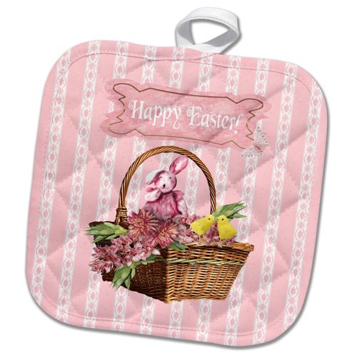3dRose, Bunny Rabbit and Chicks in Basket of Pink Flowers, Happy Easter, 8x8 Potholder
