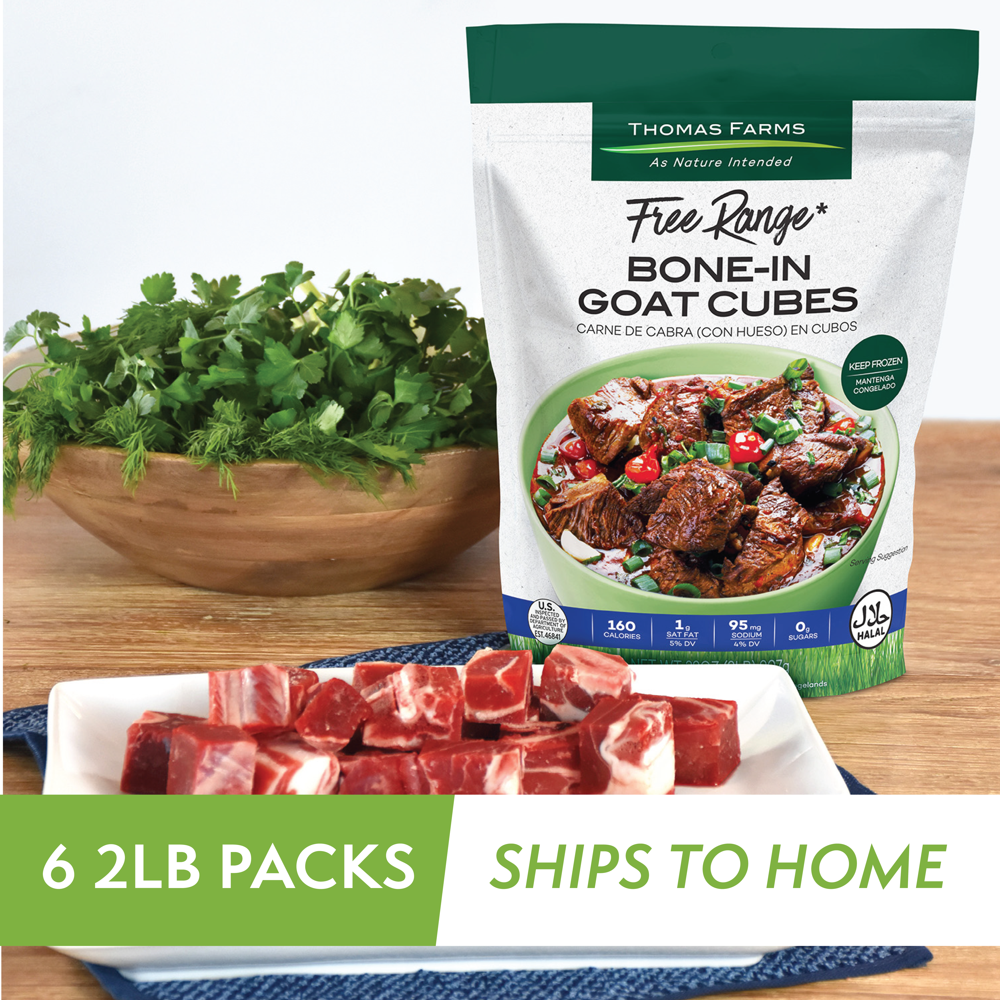 Thomas Farms Free Range BoneIn Goat Cubes, Six 2 lbs Packages