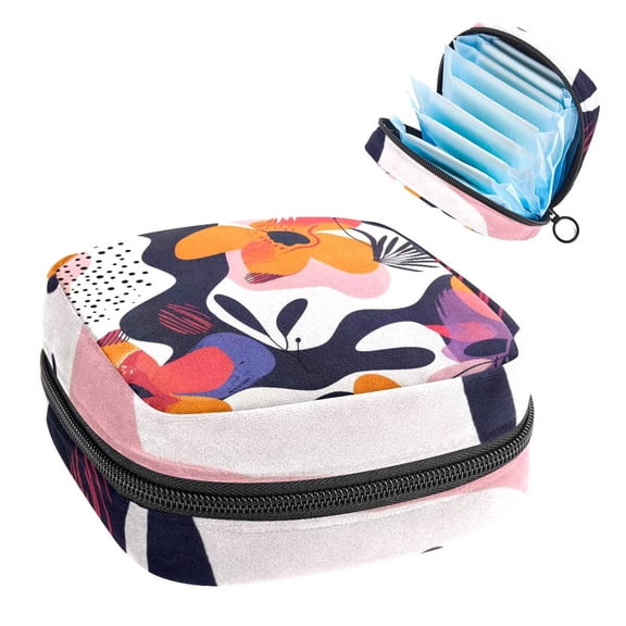 Sanitary Napkin Storage Bag for Girls Women, Portable First Period Pads Bag Tampons Holder Girls Travel Makeup Bag, Large Capacity Flowers Geometric Shape Pattern